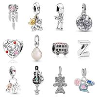 Breloques et perles pour bracelet DIY en argent Pando925 : cœurs, lettres, fleurs, voitures et guitares, accessoires de bijoux, cadeaux d'anniversaire