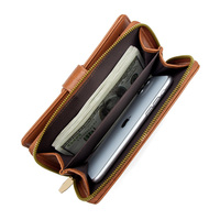 Dompet Wanita Panjang dengan Resleting, Kulit PU Lapis Lilin, Penutup Kancing, Tempat Kartu, Organizer Multi Slot, Clutch Wristlet, Grosir OEM ODM
