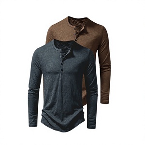 Men's Long Sleeve Henley T-Shirt Solid Color Knitted Slim Fit Casual O-Neck Button-Up Dark Gray Brown 100% Cotton Bangladesh - Product Image 1