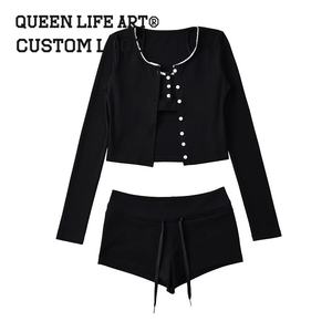 Juego de gofres de algodón informal OEM ODM para mujer, conjunto personalizado de 2 piezas en Xxxxs, tamaño 360 gramos Normcore/Decoración de encaje con estampado minimalista - Product Image 6