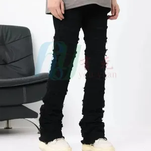 Jeans baggy à jambes larges en coton épais personnalisés par OEM pour hommes jeans noirs abîmés en denim jeans évasés à fermeture éclair empilés pantalon en jean pour hommes