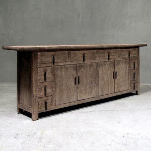 Reclaimed Elm Sideboard Ten Drawer Rustic Wooden Storage <b>Cabinet</b> Four Door Farmhouse Buffet Pale <b>Grey</b> Vintage Dining Furniture - Product Image 1