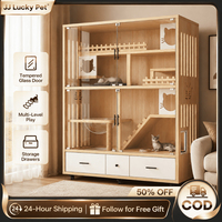 Villa d'angle compacte en bois pour chat, design multi-niveaux avec tiroir de rangement pour appartement ou maison de petite taille
