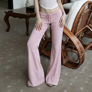 Women's Striped <b>Drawstring</b> Flare Pants Pleated V Low Rise Slim Fit Stretch Knit Y2K Lounge Yoga Casual Wide Leg <b>Trousers</b> Bottoms - Product Image 1