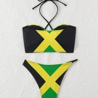 Maillot de bain deux pièces Tobago Carnival à imprimé drapeau jamaïcain, découpes et fronces, thème national des Caraïbes, pour le défilé Jouvert, personnalisé