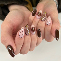 Faux ongles à presser Amande Brillants, Marron Automne, Motif Léopard Vintage, Tortue, Charme 3D, Floral Blanc, Pois Dorés