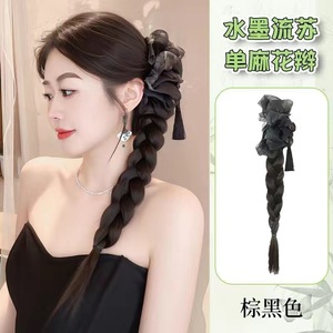 Cola de Caballo con Trenza de Camelia, Clip para el Cabello, Trenza Larga y Retorcida, Accesorio para el Cabello, Estilo Chino, Borla con Diseño de Pintura de Tinta de Verano - Product Image 5