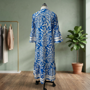 Blue Pineapple Print Peplum <b>Dress</b> Asymmetrical V Neck Long Sleeve Woven Casual <b>Dress</b> for Daily Vacation - Product Image 4