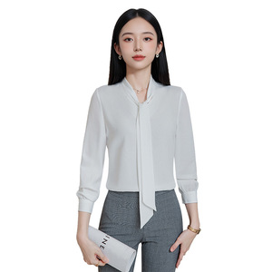 <b>White</b> Chiffon Blouse With Bow Tie Long Sleeve Office Shirt Women Solid Color Polyester <b>Wrap</b> And Tie Style - Product Image 5