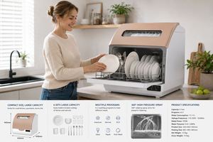 Lave-vaisselle électrique automatique compact avec lavage à chaud 72°C, séchage à air chaud PTC, pulvérisation 360°, entrée d'eau par le haut - Product Image 3
