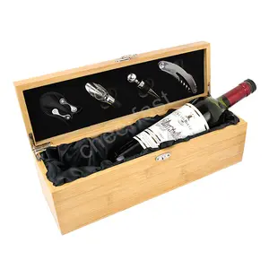 Cheerfast Piano Lacquer Wooden Wine Single Bottle Box And 4pcs Wine Accessories Set Bamboo Wood Wine Gift Box Set With Tools