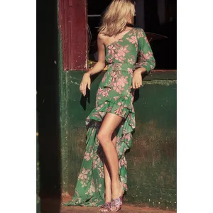 İlkbahar yaz 2022 bir omuz ön uzunluk arka kısa etek çiçek şifon baskılı fırfır elbise