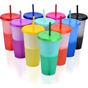 Custom Logo 16oz/20oz/24oz <b>Plastic</b> PP Cold Drinking <b>Cups</b> Temperature Color Change Tumbler Straw Lid Portable Outdoor Use - Product Image 1