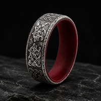 Bague Viking en Acier Inoxydable 316L de 8 mm, Or Antique, Motif Loup Nordique, Nœud Celtique, Bande Intérieure Rouge, Bijoux Nordiques pour Hommes - Vente en Gros