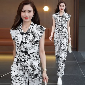 Women's Sleeveless Casual Set Ink Painting Print Chiffon Two Piece Harem Pants Set - Product Image 1