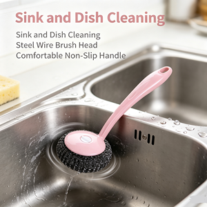 Brosse de nettoyage en fil d'acier inoxydable avec long manche en plastique, tampon à récurer pour cuisine, casseroles, poêles et éviers - Product Image 3