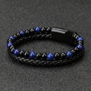 Bracelet en cuir tressé avec fermoir magnétique noir, pierre naturelle gravable, nouvelle collection ZYO, pour homme - Product Image 6
