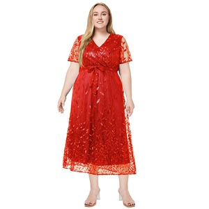 Abito da sera formale scintillante da donna <span class=keywords><strong>taglie</strong></span> <span class=keywords><strong>forti</strong></span>, <span class=keywords><strong>rosso</strong></span>, con paillettes a foglia, in tulle, scollo a V, maniche corte, con laccetto in vita, linea ad A - Product Image 3