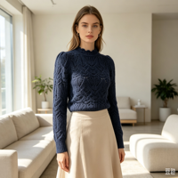 Pull en laine mélangée de haute qualité pour femmes Inez, pointelle, personnalisé OEM & ODM, manches longues, pull épais bleu marine, vêtements de loisirs