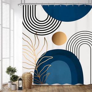 Boho abstrait bleu arc-en-ciel feuilles d'or arc géométrique moderne minimaliste <span class=keywords><strong>rideau</strong></span> de <span class=keywords><strong>douche</strong></span> salle de bain neutre <span class=keywords><strong>rideau</strong></span> de bain décor à la maison - Product Image 2