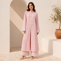 Ensemble coordonné en coton Loriya Abaya islamique avec boutons chinois, tunique longue et pantalon assorti, garniture en dentelle, tenue modeste