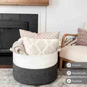 90L <b>Large</b> Blanket <b>Basket</b> Woven <b>Storage</b> <b>Baskets</b> for Laundry Pillows Toys Decorative Cotton Rope <b>Basket</b> with Handles - Product Image 6