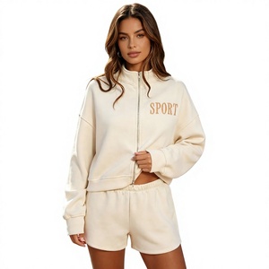 Ensemble de sweat-shirt à col montant brodé en molleton de coton doux et décontracté de qualité supérieure 2026 pour femme avec double fermeture éclair - Product Image 3