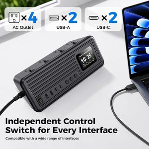 Enchufe múltiple Y2 Power 8 en 1 con 4 tomas de CA, 4 puertos USB-A y USB-C, estación de carga con pantalla LCD de hora, montable para computadora portátil - Product Image 5