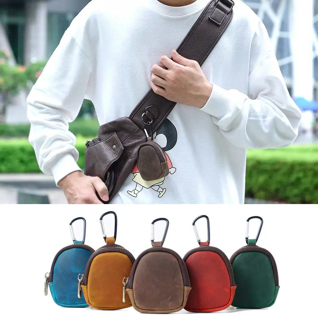 Tas koin kulit asli, Dompet pinggang gantungan kunci kulit sapi dompet koin portabel dengan ritsleting cangkang tas Earphone