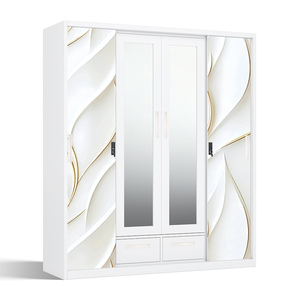 Armario de Acero Impreso con 4 Puertas Corredizas, Espejo y Cajones Inferiores - Product Image 2