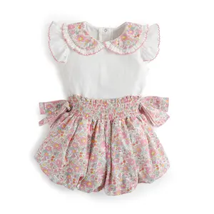 2024 Boutique Baby Girls Spanish Clothes Set Summer Children White Cotton Top with Floral Panty Shorts