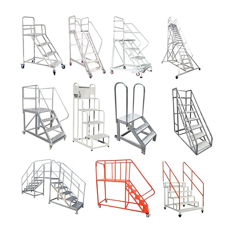 คลังสินค้าที่กําหนดเองอลูมิเนียมบันไดความปลอดภัยการเคลื่อนย้ายง่ายพร้อมล้อบันไดแพลตฟอร์มอลูมิเนียมบันไดแพลตฟอร์มทํางาน
