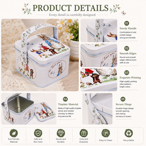 Eco-Friendly Recyclable Portable Handle Rectangular Tinplate <b>Box</b> Cute Rabbit <b>Floral</b> Print Candy Gift Tin <b>Box</b> for Christmas - Product Image 3