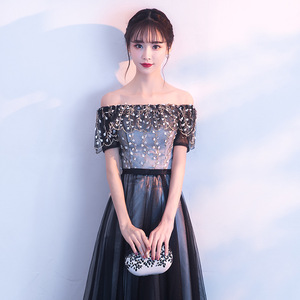 Vestido negro <span class=keywords><strong>de</strong></span> manga corta con hombros descubiertos para mujer, largo hasta el suelo, estilo veraniego, para <span class=keywords><strong>fiesta</strong></span> en la playa y graduación, venta al por mayor, 2020 - Product Image 4