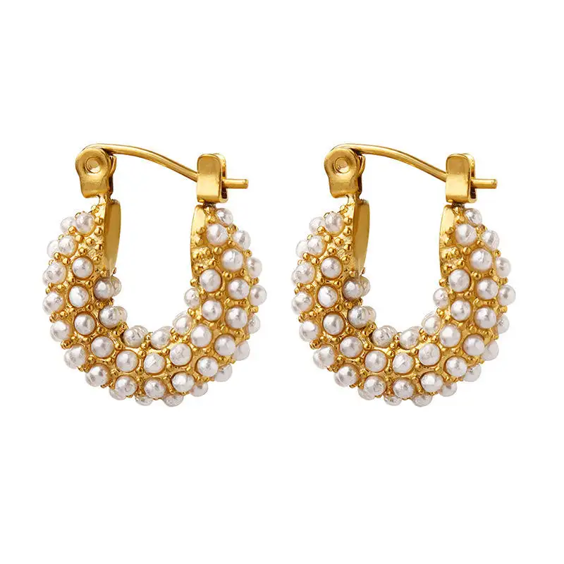 High Quality Tarnish Free Stainless Steel 18k Gold Pearl Hoop Party Earrings Women