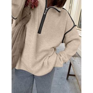 Pull en maille décontracté pour femme, col en V, manches longues, fermeture éclair quart de tour, anti-boulochage, idéal pour l'automne - Product Image 3