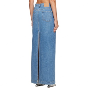 Jupe longue en jean bleu fendue personnalisée pour femme 100 % coton avec fermeture éclair - Product Image 2