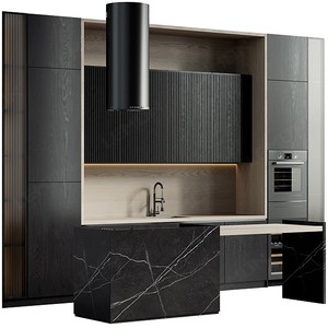 Meuble de <span class=keywords><strong>cuisine</strong></span> moderne en PVC noir mat résistant à l'eau, design personnalisé avec îlot central en panneaux <span class=keywords><strong>Egger</strong></span> - Product Image 1