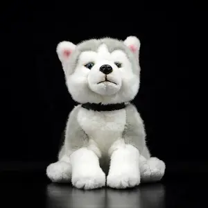 Levensechte Siberische Husky Hond Zitten Pluche Speelgoed Realistische Grey Honden Puppy Knuffeldier Speelgoed