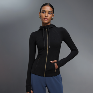 Veste de sport à capuche moulante pour <span class=keywords><strong>femme</strong></span>, fermeture éclair intégrale, poche kangourou, taille élastique, tissu léger et performant - Product Image 3