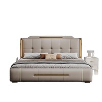 Lit de Luxe Moderne en Cuir Véritable avec Rangement, Tête de Lit LED, Tiroirs Rembourrés à Vérin à Gaz, Confortable, Taille King Size pour Chambre à Coucher