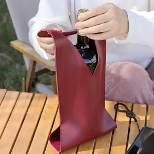 Tas Tote anggur kulit PU terisolasi pelindung termal botol tunggal dengan pegangan untuk pesta dan Pengemasan