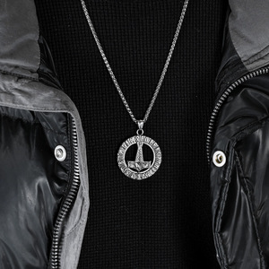 Vintage Nordic Viking Rune Thor's Hammer <b>Titanium</b> Steel Necklace with Rune Text Pendant - Hot Selling Jewelry in Europe and Amer - Product Image 3