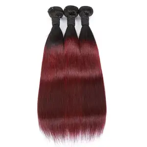 1b/99J rambut manusia lurus merah anggur 24 26 28 inci bundel rambut murah dua warna kutikula selaras rambut murni bundel rambut Brasil