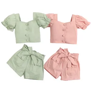 Summer Children Wear 2022 Girls Short Puff Sleeved Button Square Collar Top Solid Color Belt Bow Shorts Two Pieces Kids Clothing