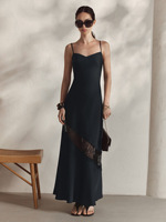 Robe longue de soirée élégante en satin de soie avec dentelle et patchwork, bretelles spaghetti, coupe ajustée, dos nu, fabrication OEM Chine