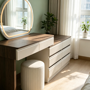 Ensemble coiffeuse extensible bicolore en noyer avec miroir LED circulaire, 6 tiroirs latéraux, tabouret à base dorée et bureau de maquillage en bois chaud pour chambre à coucher - Product Image 2