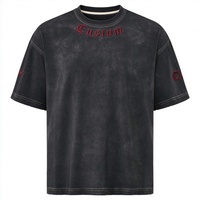 Kaos Pria OEM ODM Vintage Washed Solid 100% Katun Kerah Lengkung Bordir 3D Huruf Gothic Duri di Lengan Regular Fit Warna Gelap