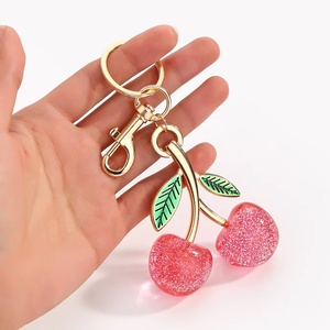 Wholesale High-Quality Pink Black Color Cherry Crystal Bag Keychain Glitter Fruit Charm Pendant Exquisite Car Metal Keychain