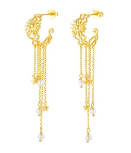 Custom Oem 18k Gold Plated Sterling Silver 925 Vintage Women Freshwater Pearl Fine Jewelry Drop Sun Star Earring